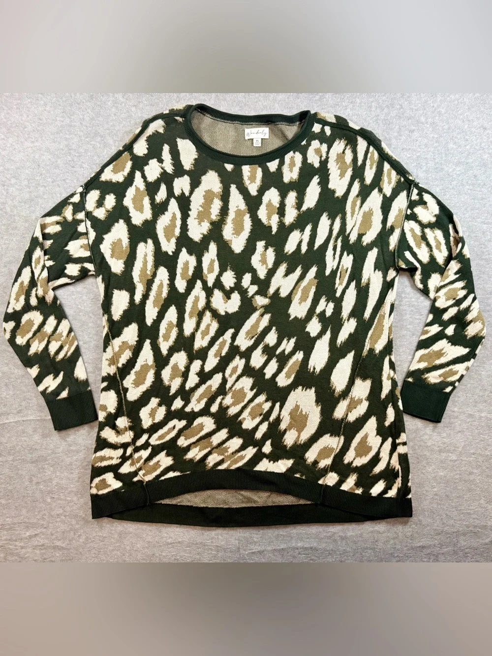Wonderly Olive Green and Tan Leopard Crewneck Sweater